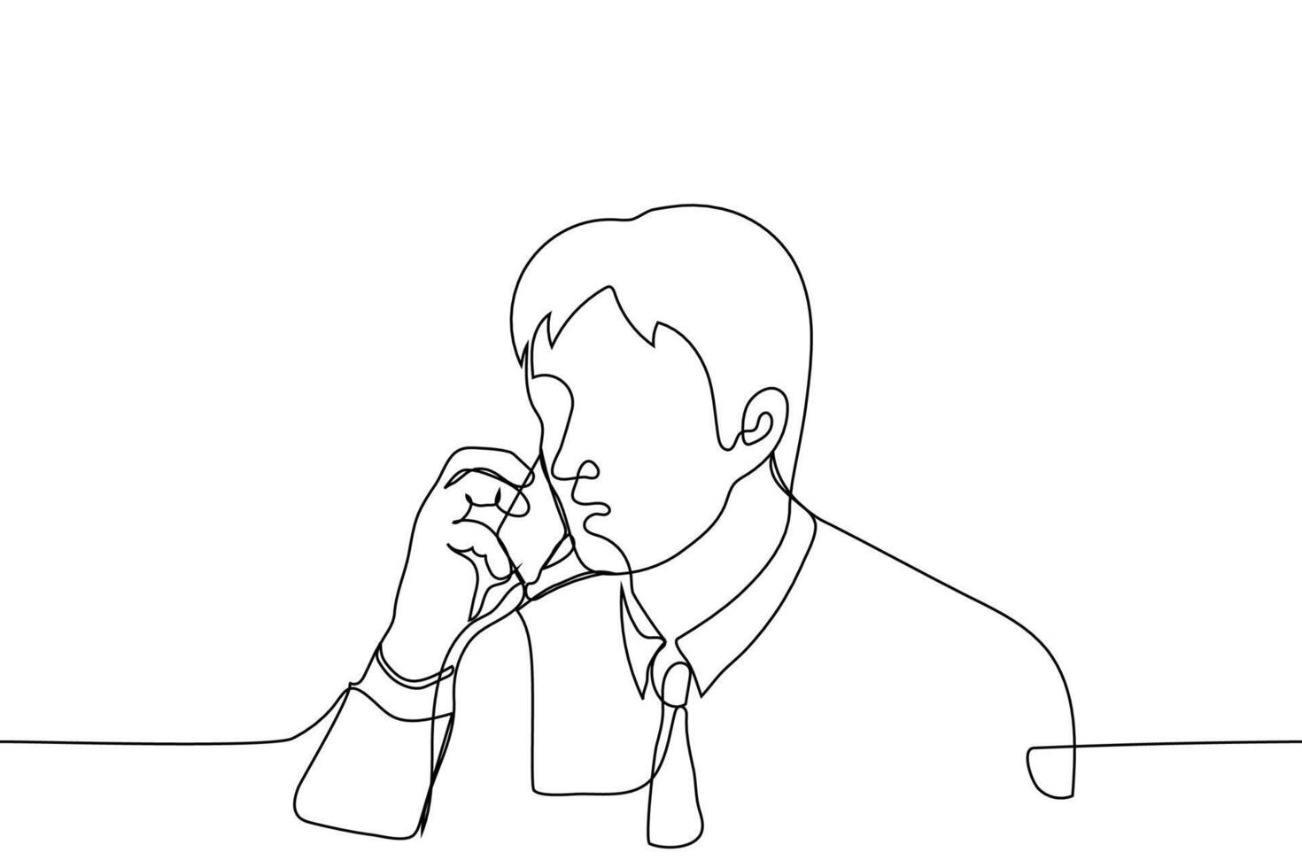 homme dans une attacher et chemise parle sur le téléphone - un ligne dessin vecteur. un ligne portrait de une homme d'affaire tandis que parlant sur le téléphone vecteur