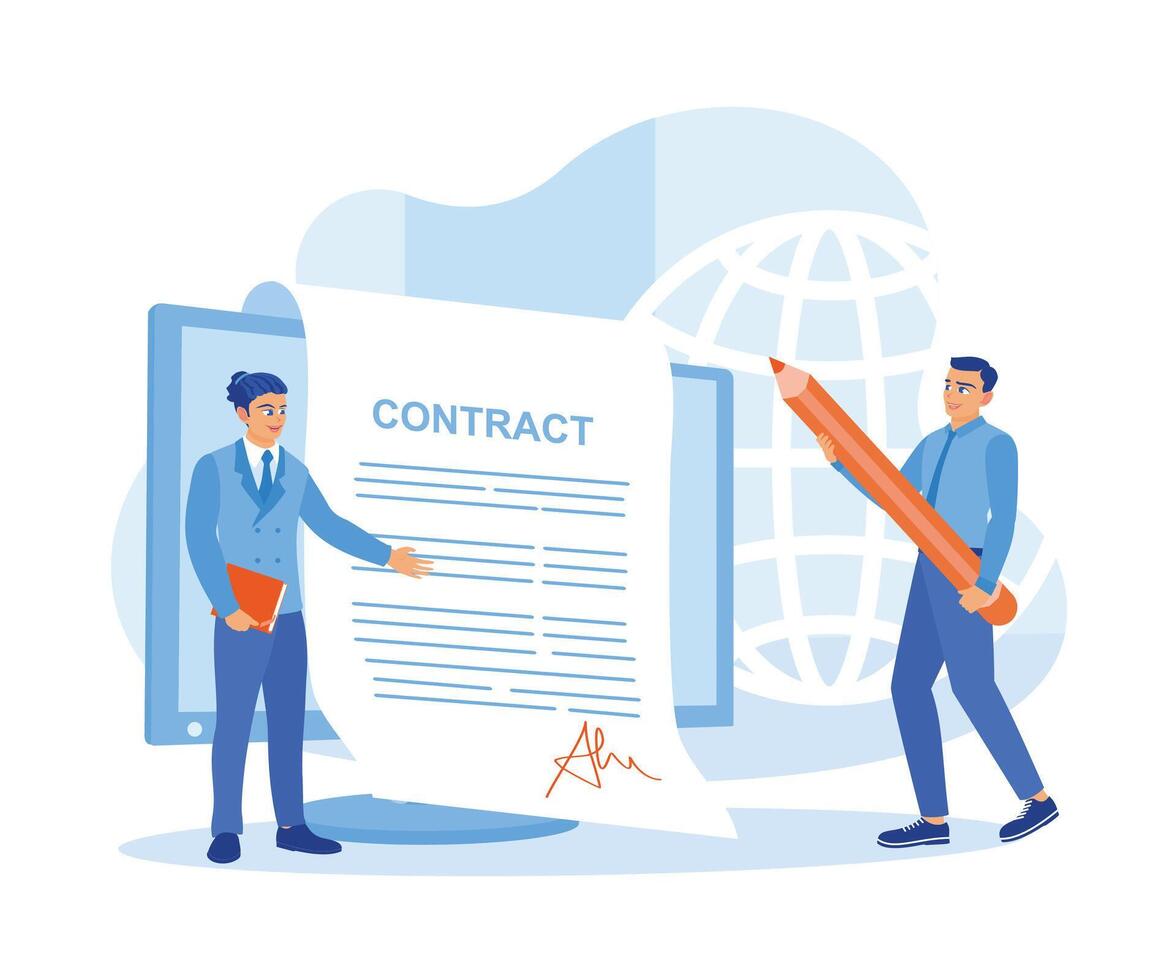 affaires gens et affaires les partenaires signe contrats en ligne sur le ordinateur. Contrat accord concept. plat vecteur illustration.