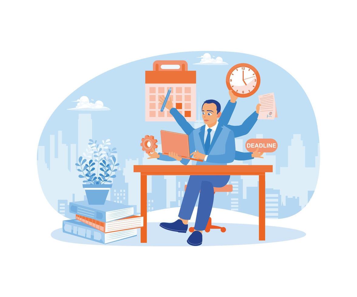 Masculin homme d'affaire manque une date limite. submergé par une lot de travail à le bureau. Bureau date limite concept. plat vecteur illustration.