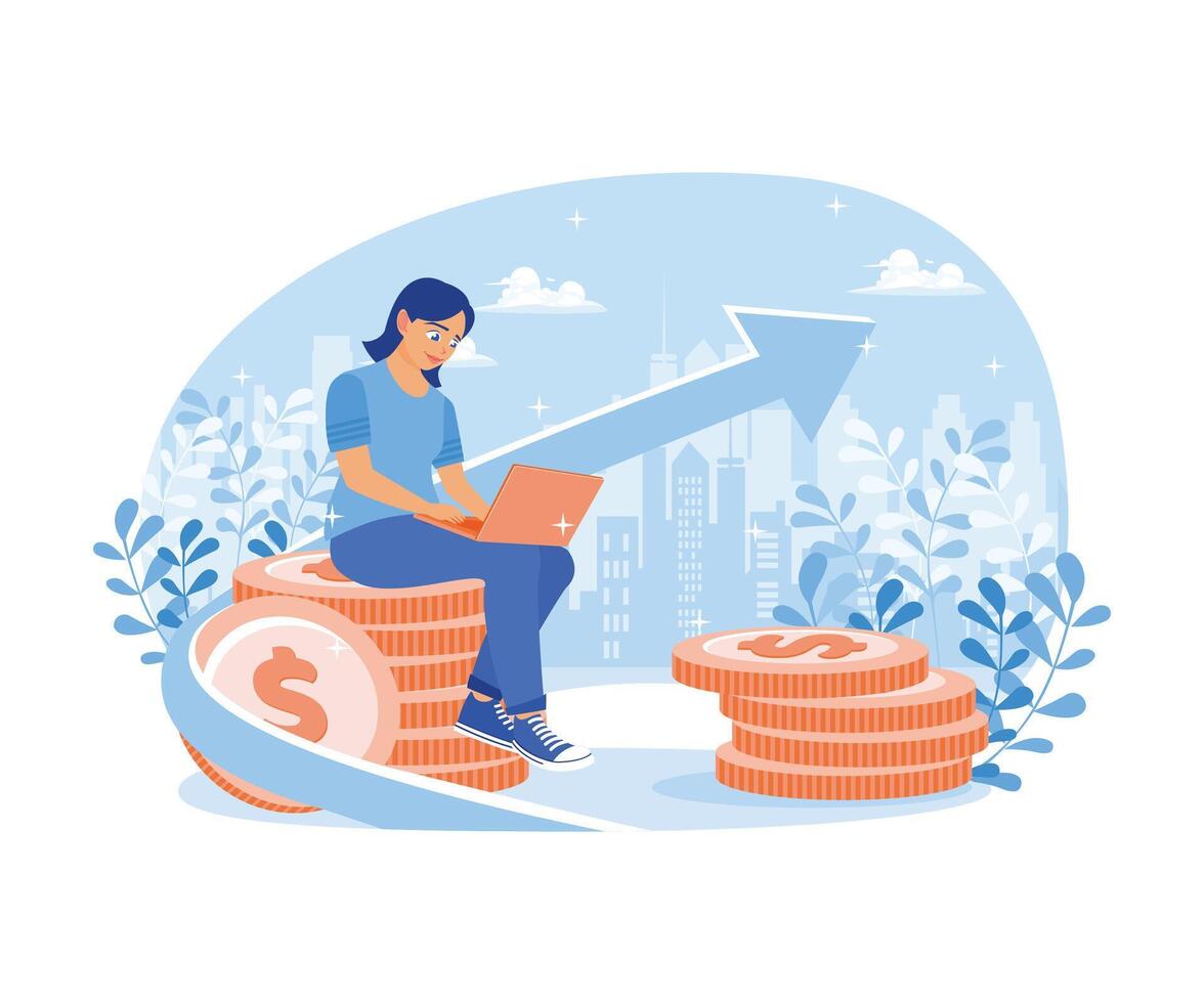 une femme est séance sur une pile de pièces de monnaie. en utilisant une portable à investir en ligne. investissement concept. plat vecteur illustration.