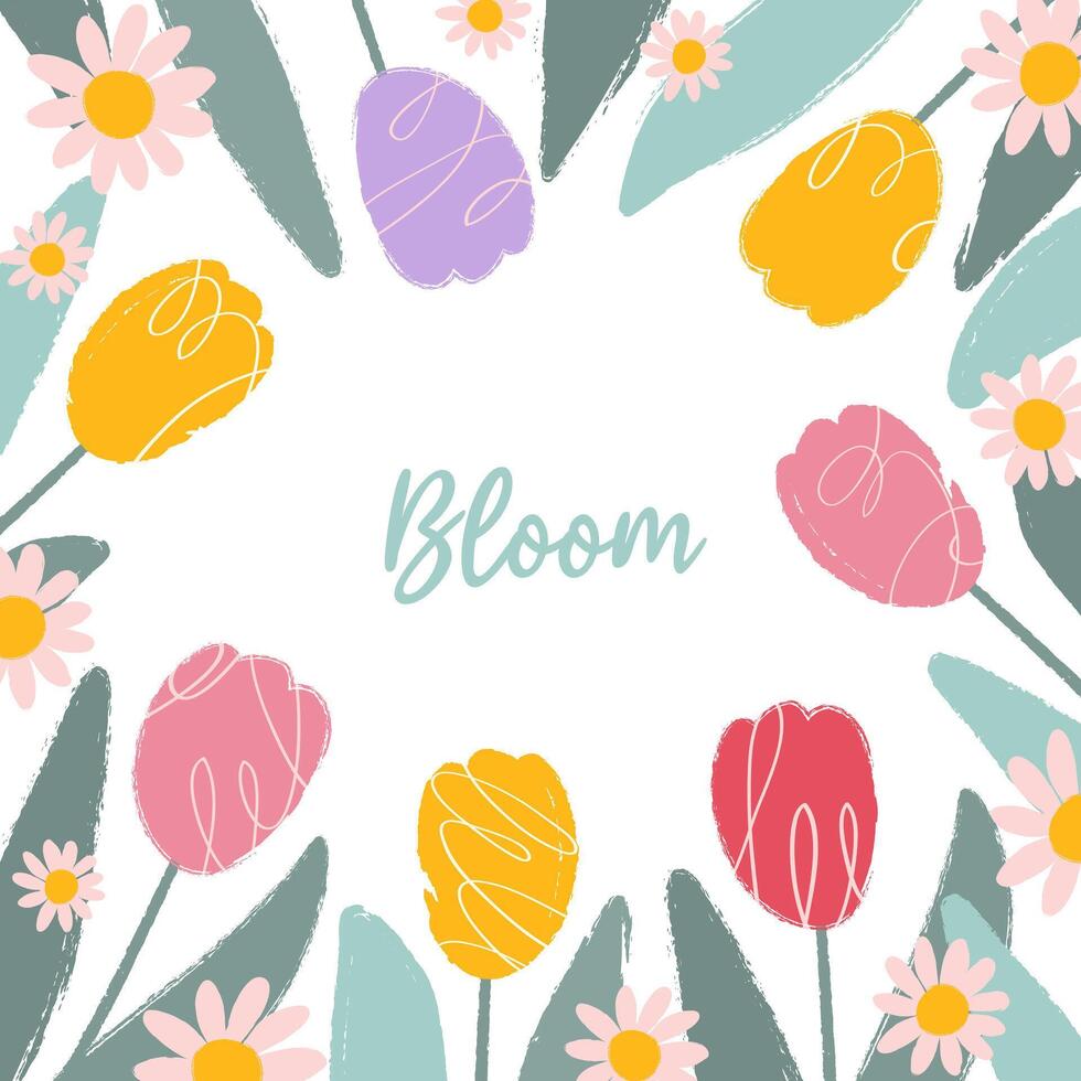 carré coloré printemps carte avec texte Floraison dans plat main tiré style. abstrait rose, jaune, violet tulipes et feuilles avec gribouillis, rugueux bords pour affiche, bannière, social médias. vecteur