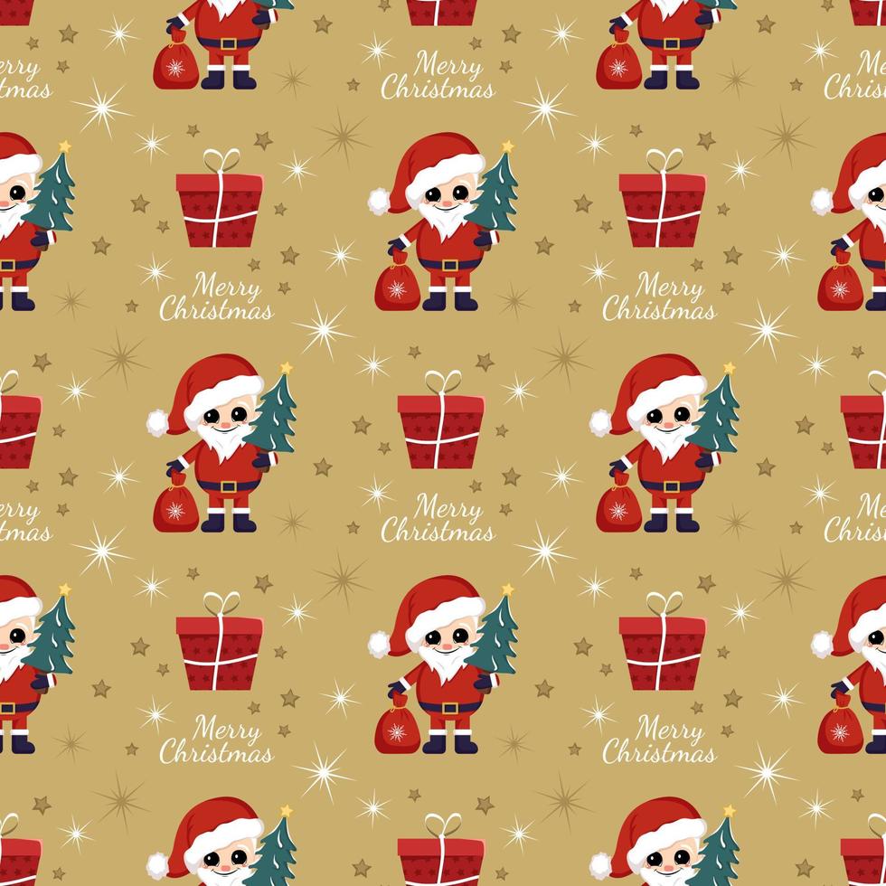 modèle sans couture avec boîte-cadeau rouge festive, père noël, inscription joyeux noël et étoiles sur fond d'or. impression lumineuse pour le nouvel an et les vacances d'hiver pour le papier d'emballage, le textile et le design vecteur