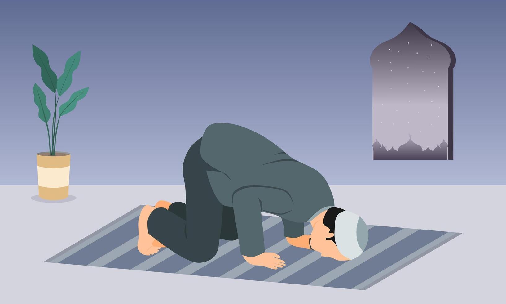 une musulman homme dans prostration prière position sur prière tapis. vecteur illustration.