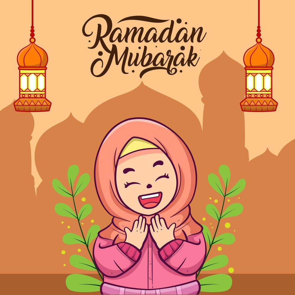 enfant fille personnage salutation content Ramadan et eid mubarak fête vecteur illustration. musulman dessin animé personnage dans plat style.