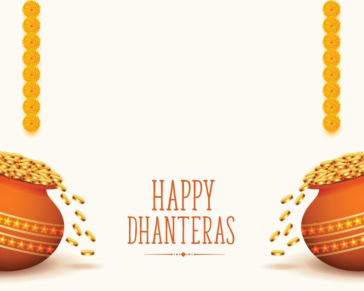 content dhanteras vacances Contexte avec d'or pièce de monnaie Kalasha et floral vecteur