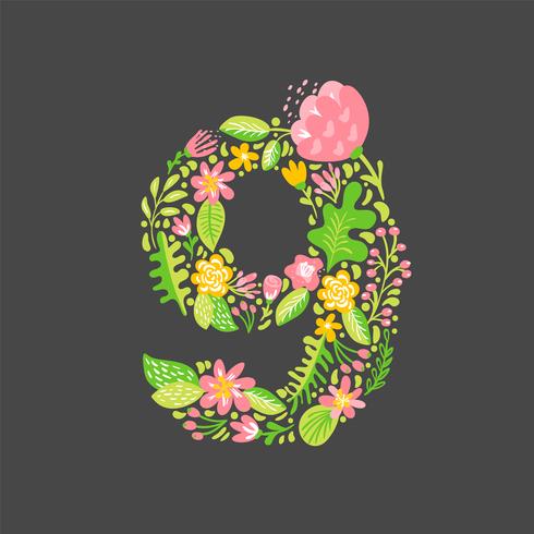 Été floral numéro 9 neuf. Alphabet de mariage capitale de la fleur. Police colorée avec des fleurs et des feuilles. Style scandinave illustration vectorielle vecteur