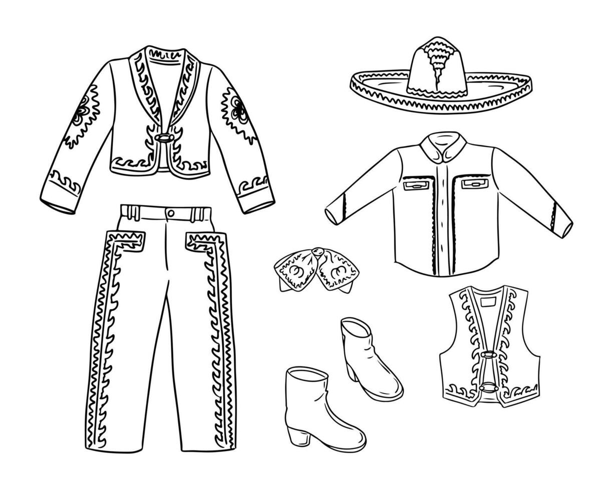 mariachi costume main tiré esquisser dessins. vecteur noir contour dessins sur blanc Contexte. idéal pour décoration, coloration pages, autocollants, tatouage, modèle