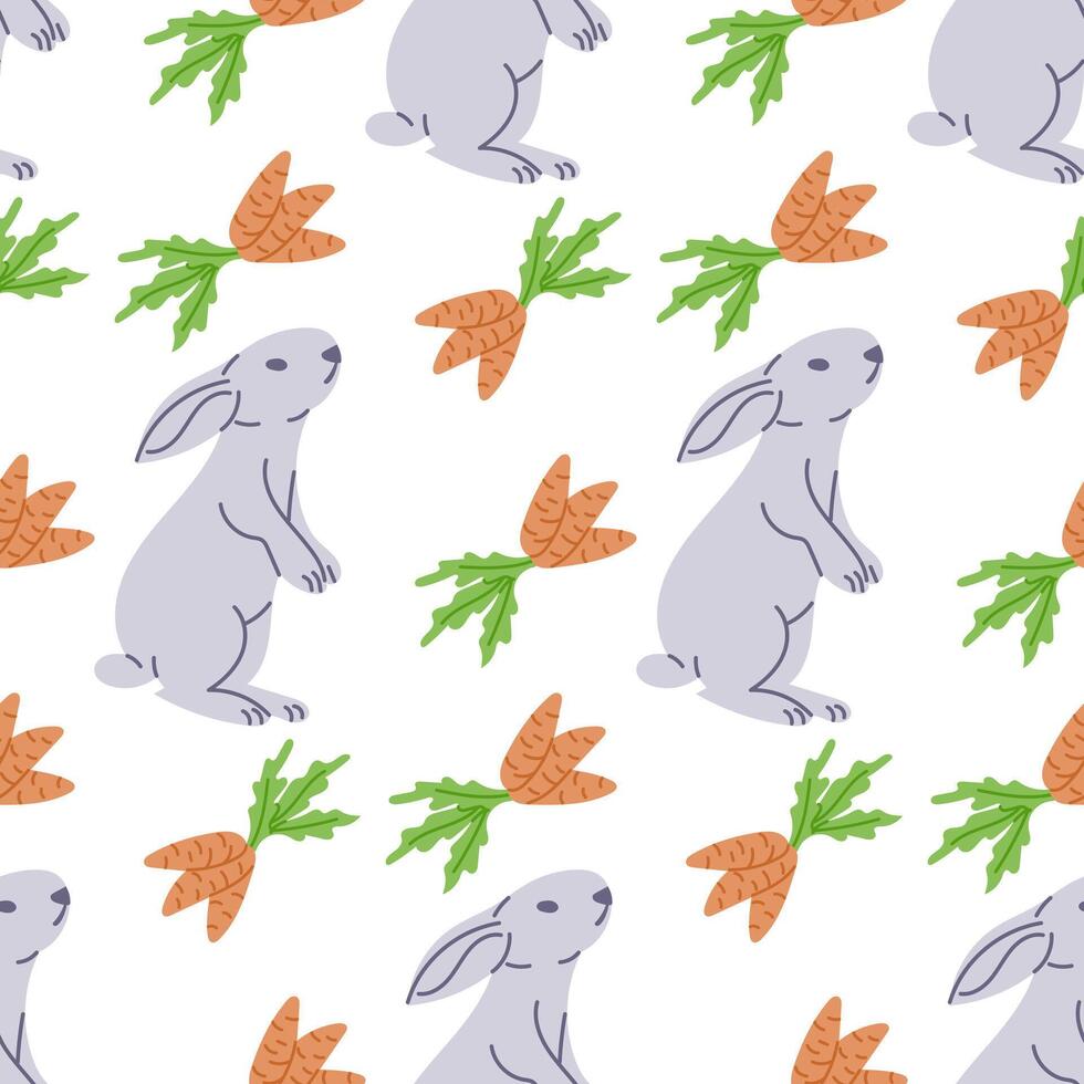 Couper blanc lapin avec carottes sans couture modèle. plat main tiré coloré éléments sur blanc Contexte. unique rétro impression conception pour textile, fond d'écran, intérieur, emballage vecteur