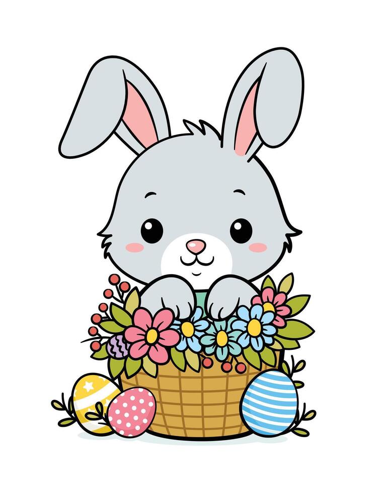 mignonne Pâques lapin dans une panier avec fleurs vecteur