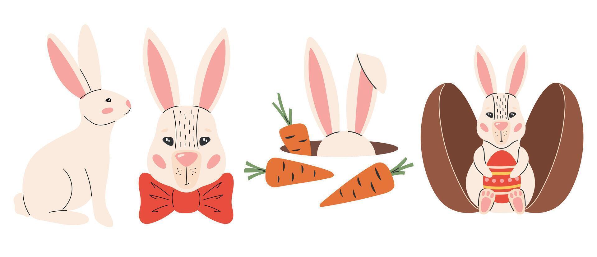 mignonne Pâques lapin ensemble. printemps collection avec lapins. vecteur illustration dans plat main tiré style