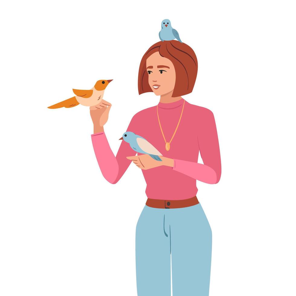 Jeune femme alimentation et en portant des oiseaux vecteur illustration. animal de compagnie propriétaire