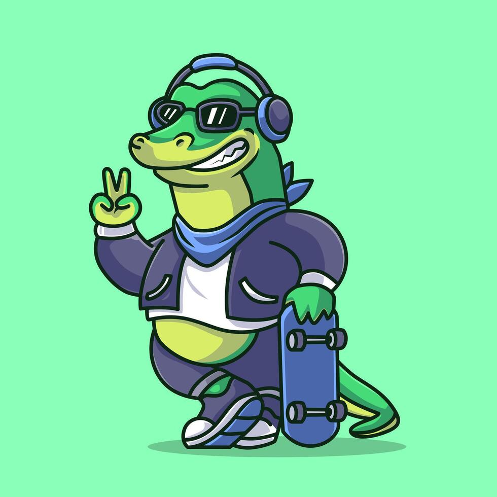 mignonne cool crocodile avec planche à roulette et portant casque de musique dessin animé vecteur icône illustration. animal sport icône concept isolé prime vecteur. plat dessin animé style