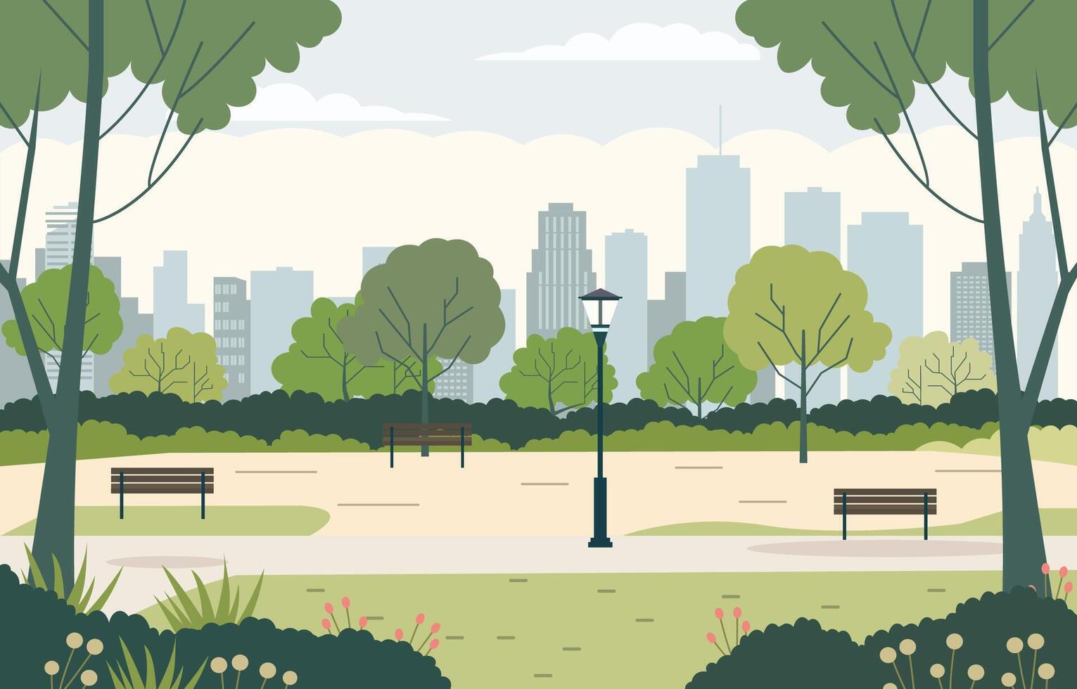 plat conception illustration de banc dans ville parc avec paysage urbain dans brillant ciel vecteur
