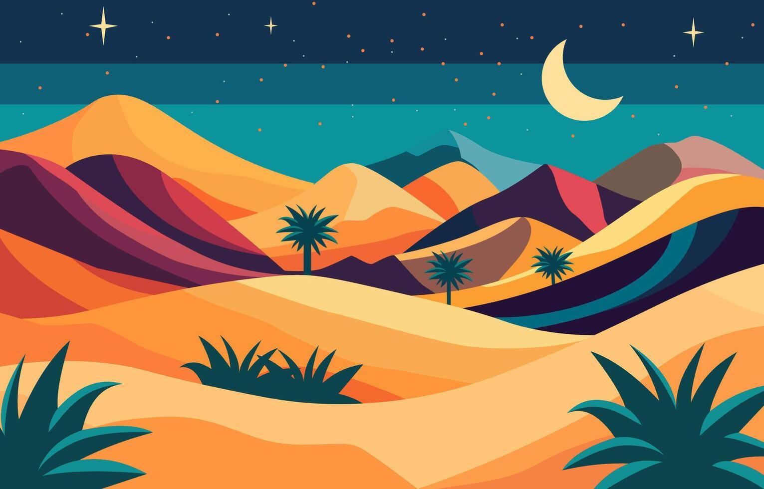 plat conception illustration de dunes dans arabe désert avec croissant dans nuit ciel vecteur