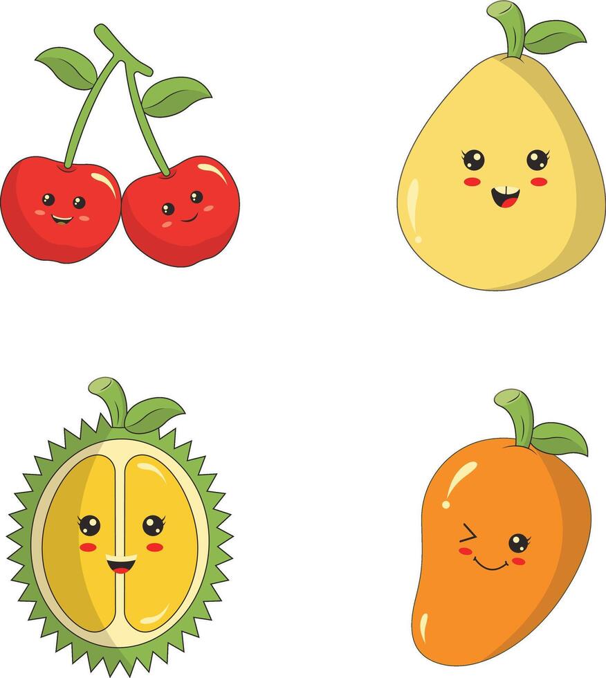 collection de différent kawaii fruit mascotte. mignonne dessin animé personnage. vecteur illustration