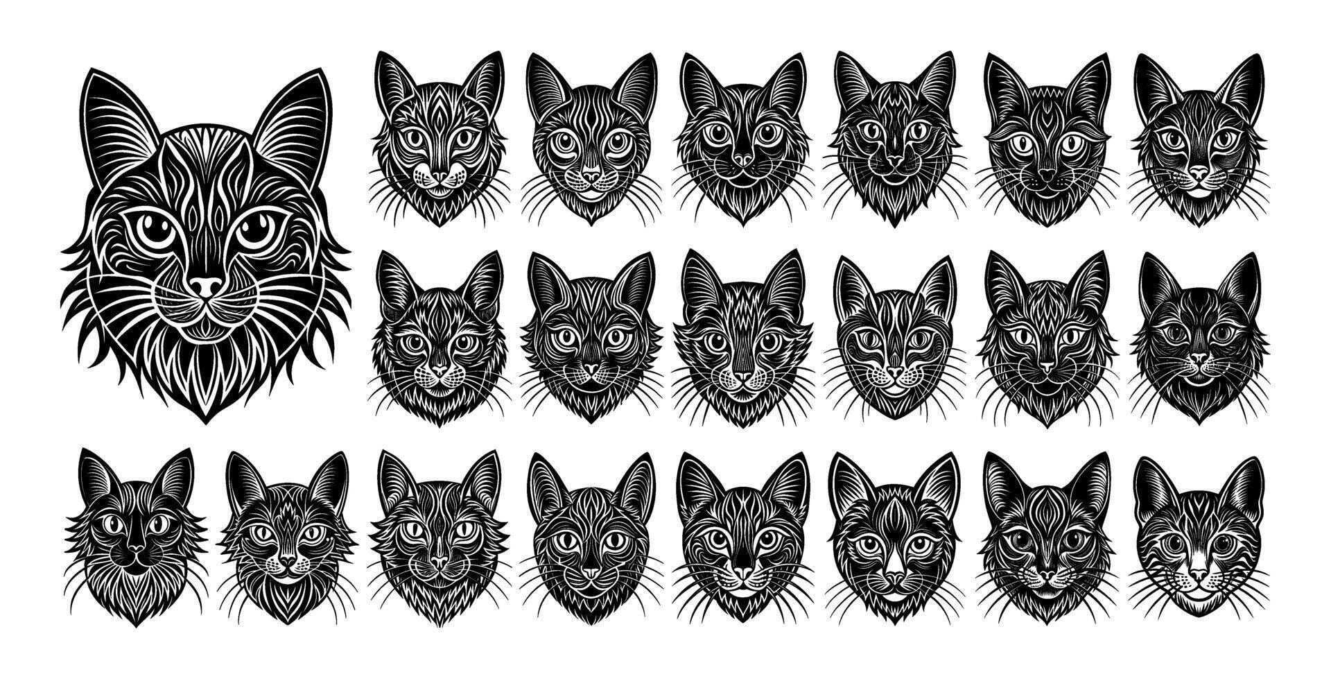 ai généré collection de plat gravure chat tête illustration conception vecteur
