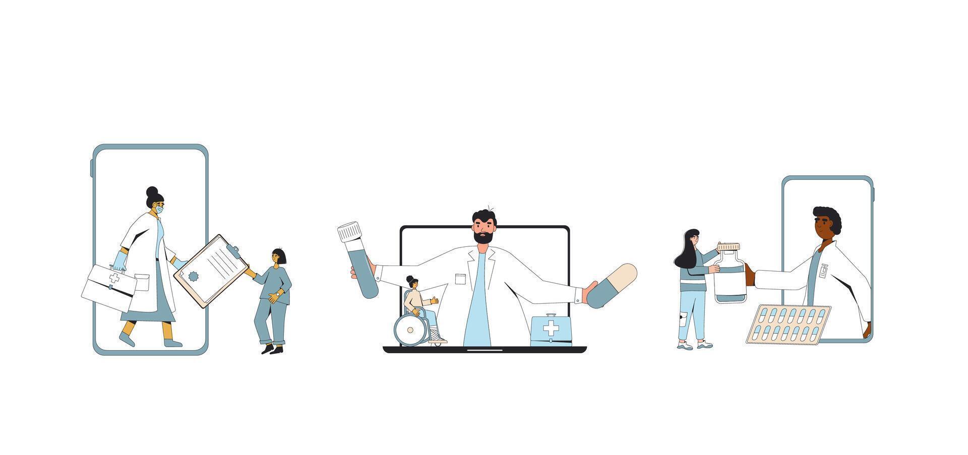 en ligne médical consultation ensemble. télémédecine. médecin loin conseiller. santé se soucier par l'Internet. soins de santé prestations de service. vecteur illustration.