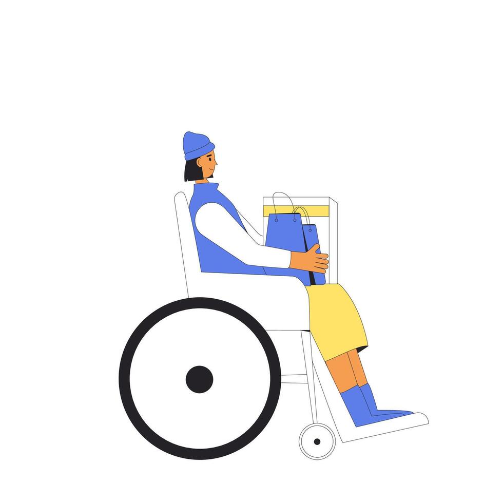 Jeune fauteuil roulant femme avec achats Sacs. femelle la personne en portant sa achats. vecteur