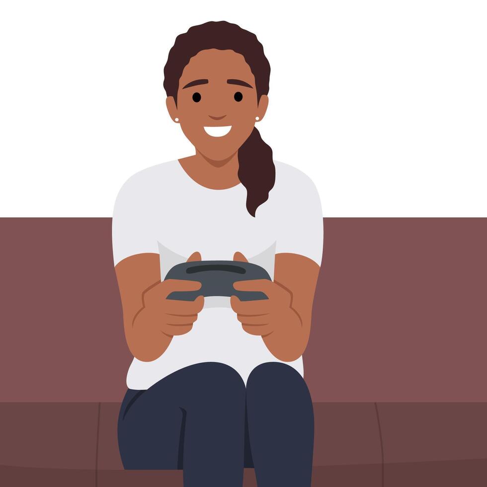 Jeune femme en jouant vidéo Jeux. Jeu tampon. vecteur