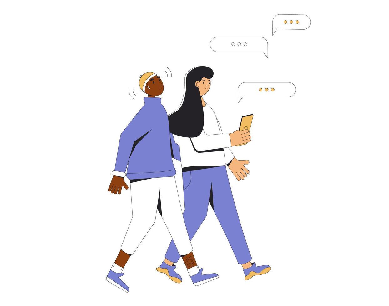 deux adolescents en marchant isolé sur blanc Contexte. Jeune Masculin et femelle copains portant dans décontractée vêtements avec téléphone et casque. paire. vecteur ligne illustration.