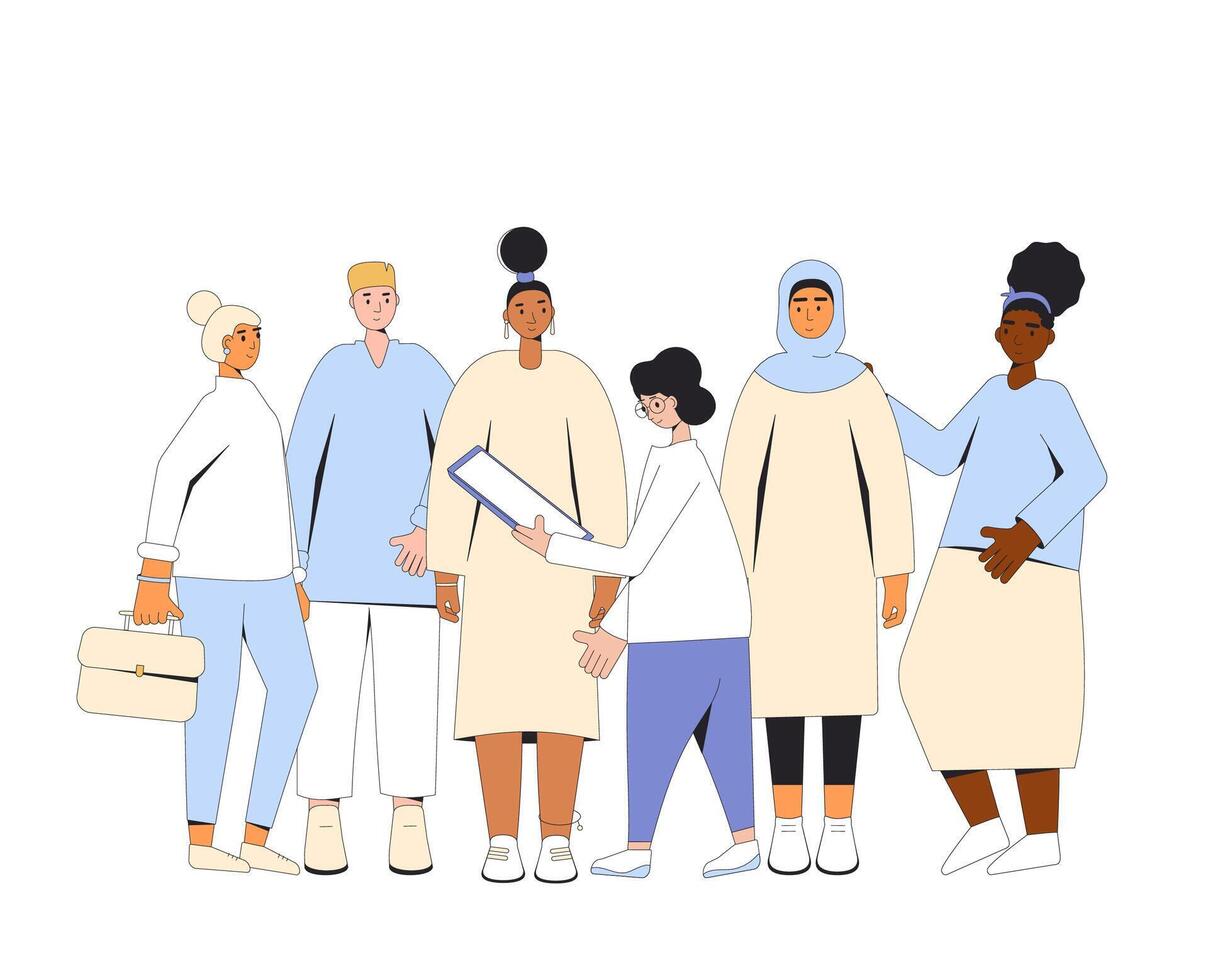 groupe de diverse adolescents permanent ensemble. Jeune femelle et Masculin copains portant dans décontractée vêtements. garçons et les filles étreindre chaque autre. vecteur ligne illustration.