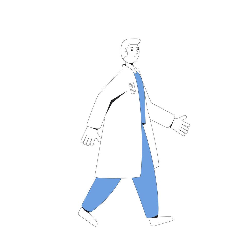 médecin, médical. Masculin personnage portant dans médiacl ou laboratoire uniforme en marchant isolé sur une blanc Contexte. médical personnel. vecteur ligne art illustration.