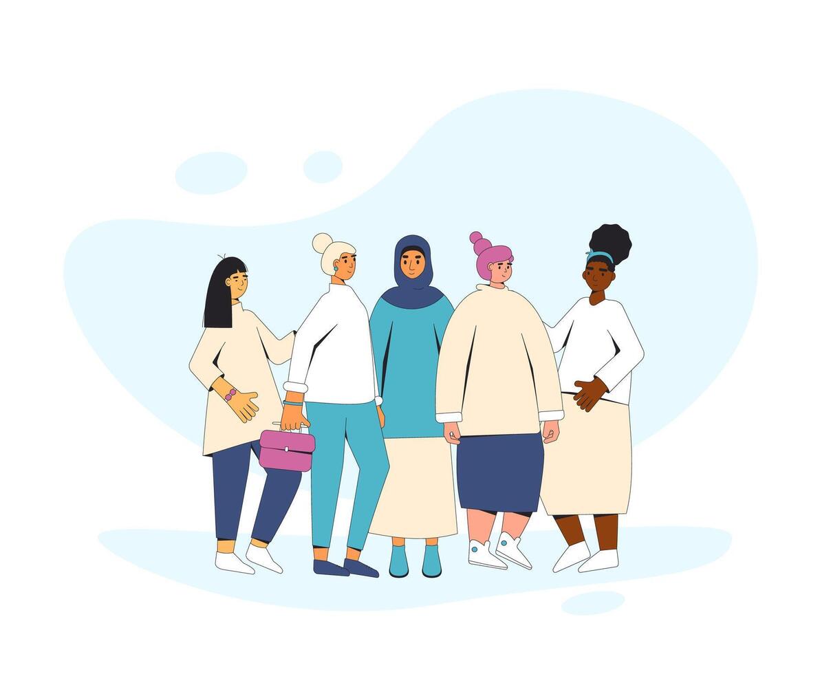 groupe de diverse adolescents permanent ensemble. Jeune femelle copains portant dans décontractée vêtements. cinq les filles étreindre chaque autre. vecteur ligne illustration.