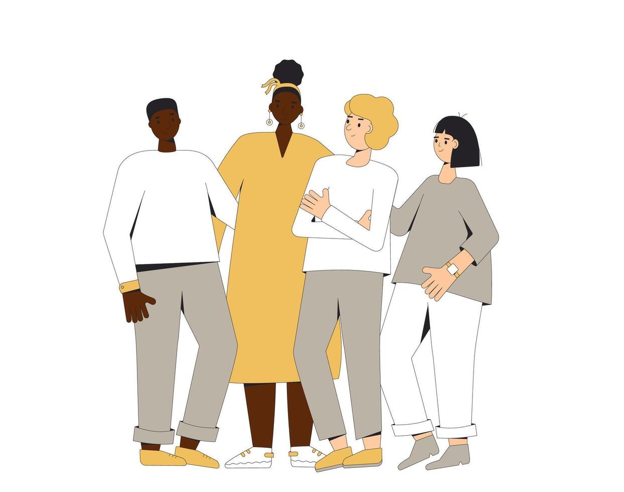 groupe de diverse adolescents permanent ensemble. Jeune femelle et Masculin copains portant dans décontractée vêtements. garçons et les filles étreindre chaque autre. vecteur ligne illustration.