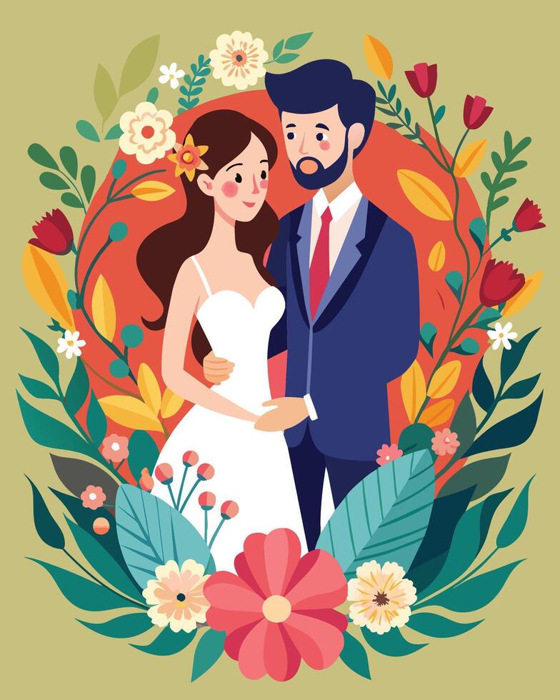 mariage couple dans floral couronne. vecteur illustration dans plat style