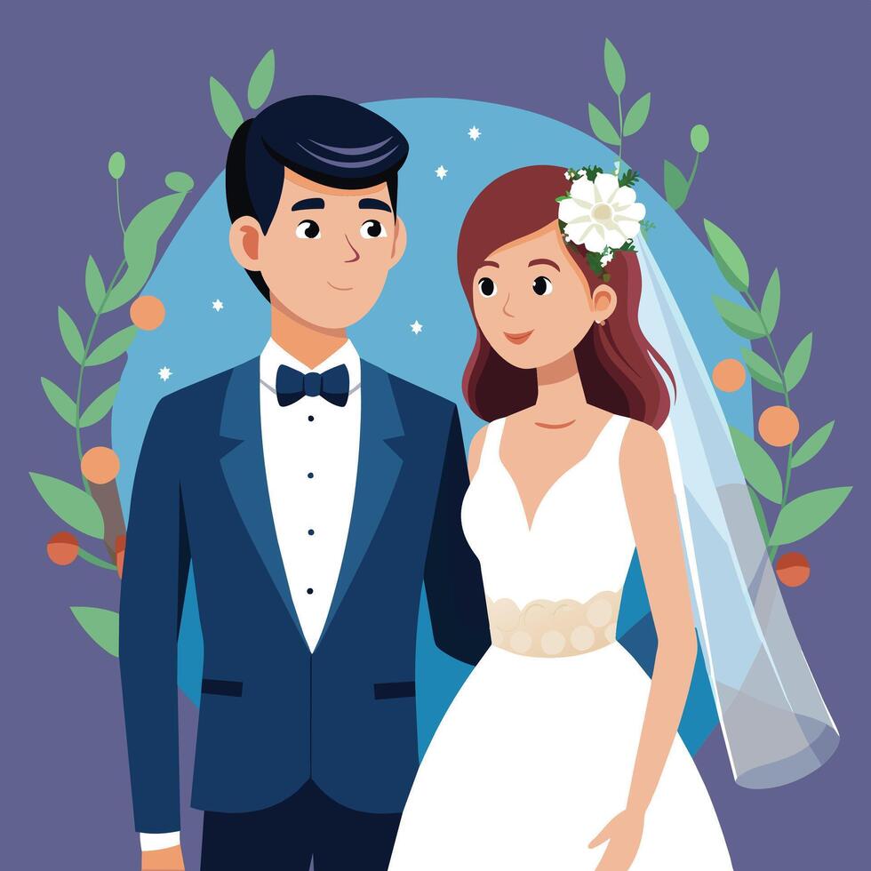 mariage couple dessin animé conception, vecteur illustration plat style.