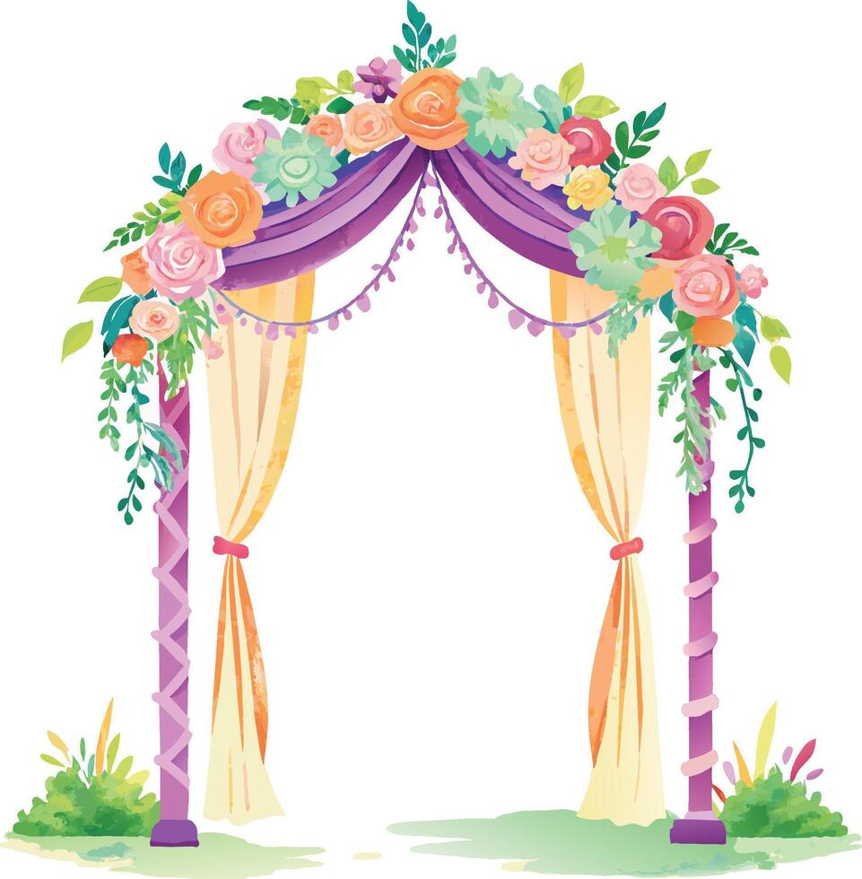 mariage cambre décoré avec fleurs, feuilles et herbe. aquarelle vecteur
