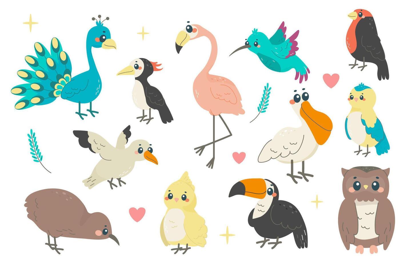 ensemble de différent des oiseaux, une puéril illustration, avec des noms. printemps, exotique des oiseaux. vecteur