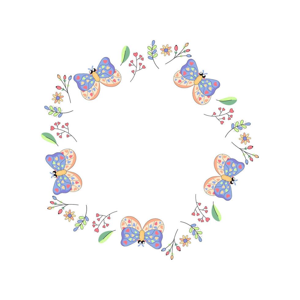 mignonne cadre, avec une papillon et fleurs nourrisson, été printemps pour toutes nos félicitations, annonces. sur une blanc Contexte vecteur