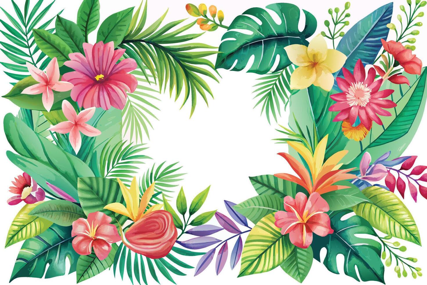 Cadre avec tropical fleurs et feuilles. vecteur illustration pour votre conception.