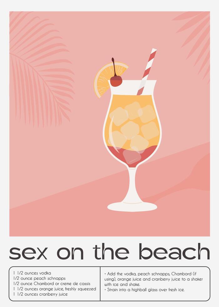 sexe sur le plage tropical cocktail garni avec Orange et cerise. classique alcoolique boisson recette mur art imprimer. été apéritif affiche. minimaliste alcoolique boisson placard. vecteur illustration.