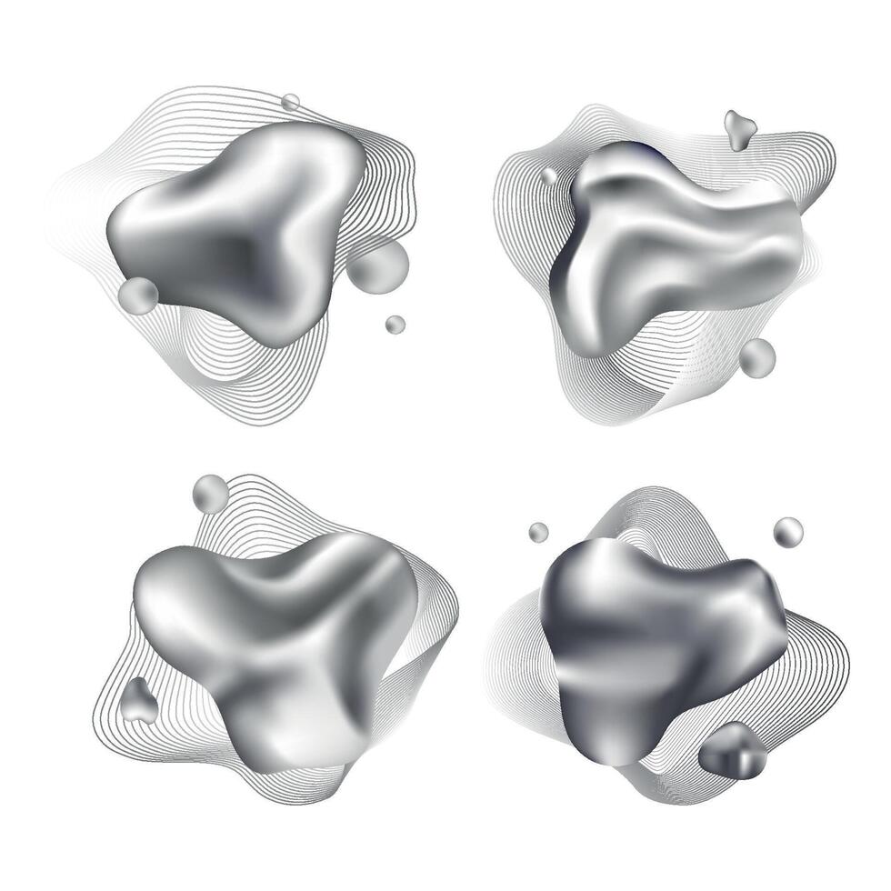 3d liquide chrome abstrait formes ensemble, métal liquide amorphe bulles. liquide métal conception éléments collection. vecteur illustration isolé sur blanc Contexte