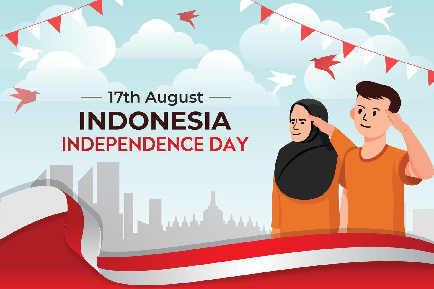 indonésien indépendance célébrations journée vecteur illustration bannière et social médias Publier conception ensemble, Indonésie nationale république célébrer un événement journée affiche modèle, avec drapeau, content démocratie.