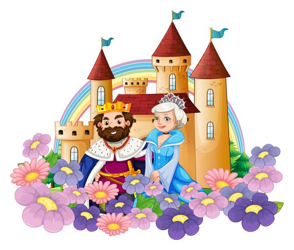 Roi et reine dans un jardin de fleurs au palais vecteur