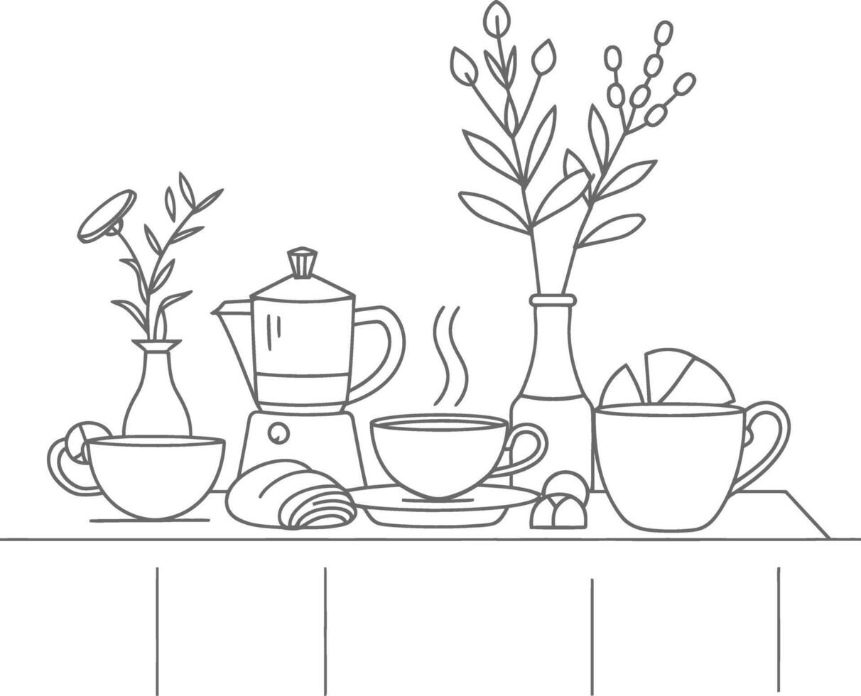 ai généré petit déjeuner menu prêt à manger Facile contour illustration minimaliste ligne art vecteur