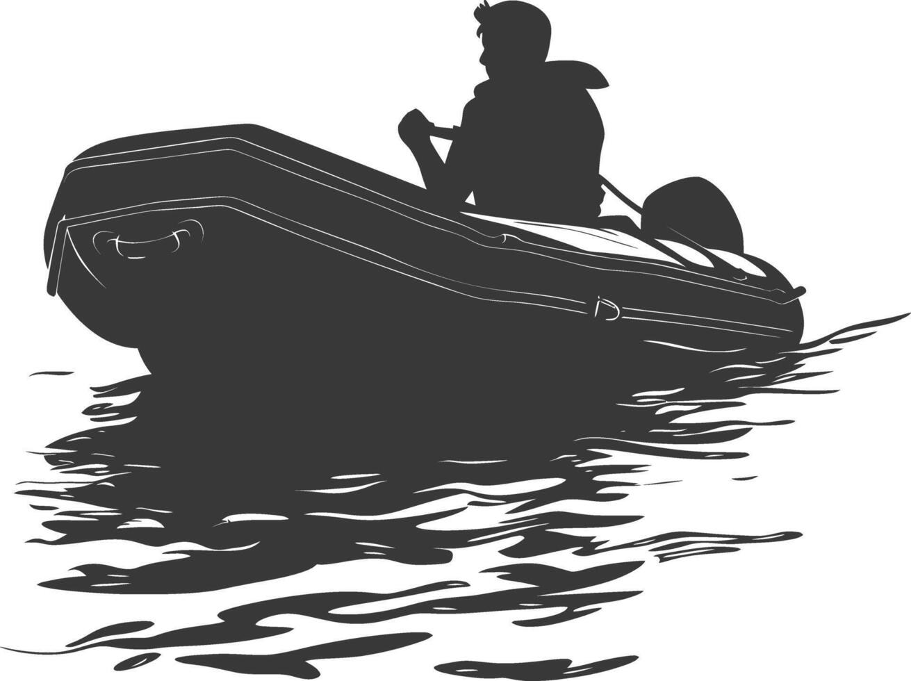 ai généré silhouette une homme conduite gonflable bateau le bateau est en voyageant noir Couleur seulement vecteur