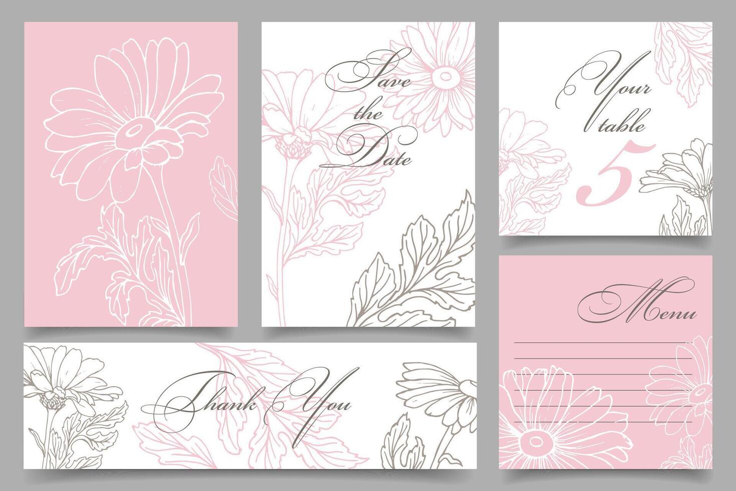 modèles d'invitation de mariage rustique. Réserve cette date. Je vous remercie. menu. ta table. calligraphie et dessin au trait de fleurs dessinées à la main. vecteur