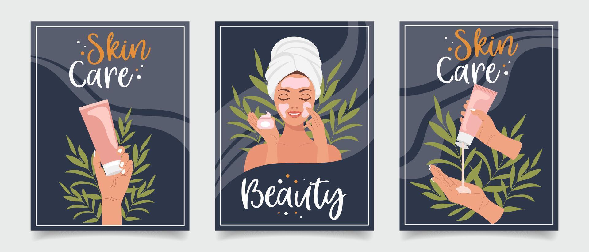 ensemble de prospectus avec femme, produits de beauté, beauté des produits. beauté, peau se soucier, produits de beauté, douche concept. illustration pour bannière, carte, publicité, affiche. vecteur