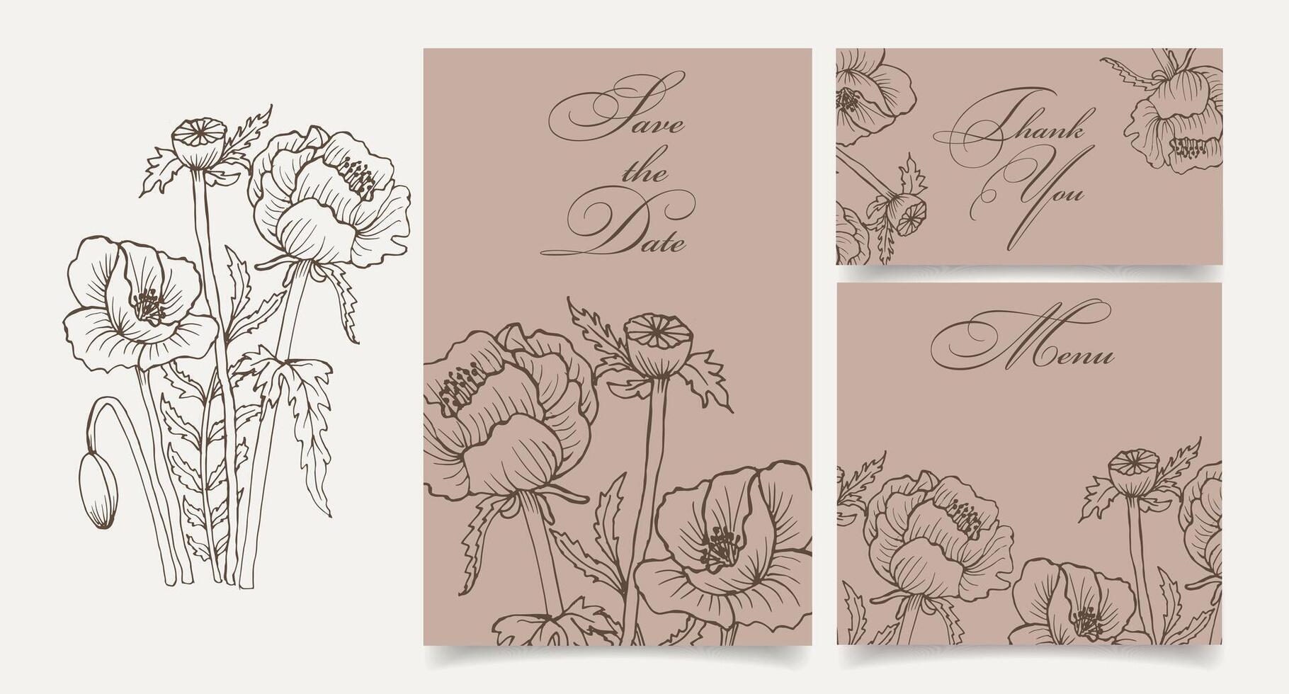 modèle d'invitation de mariage de style rustique avec des fleurs de contour. Réserve cette date. menu. Je vous remercie. calligraphie, affiches, vecteur