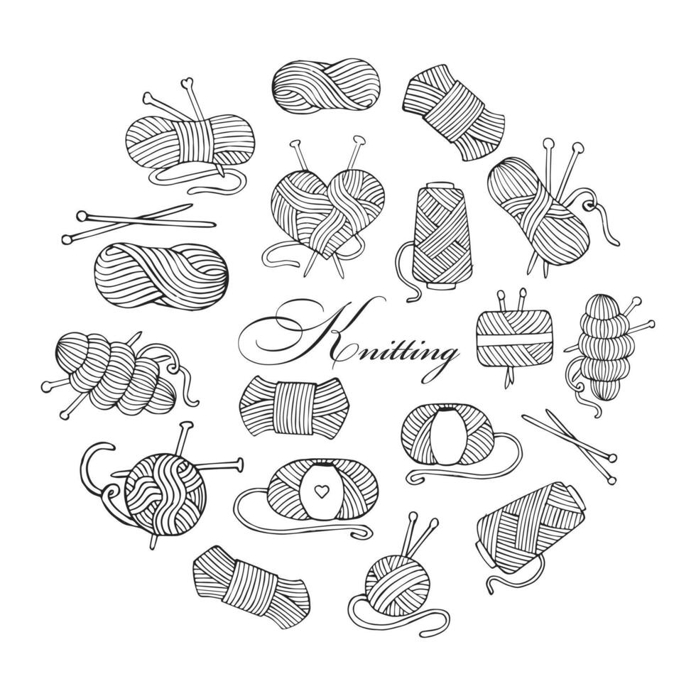 ensemble d'icônes à tricoter, pelotes de laine, écheveaux, aiguilles à tricoter et crochet. croquis, éléments de conception, vecteur