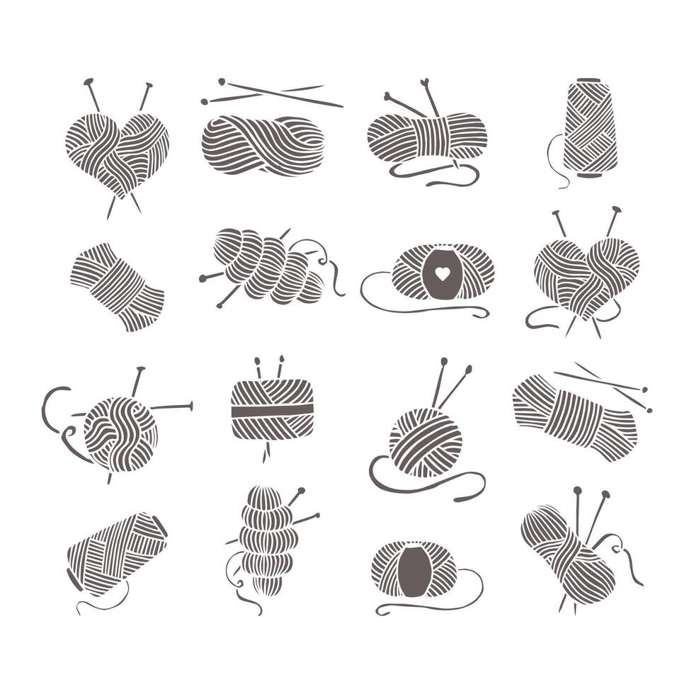 ensemble d'icônes à tricoter, pelotes de laine, écheveaux, aiguilles à tricoter et crochet. croquis, éléments de conception, vecteur