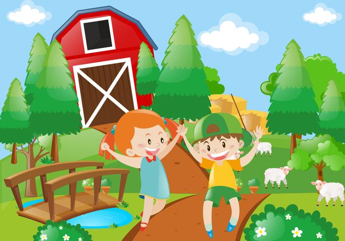 Garçon et fille jouant dans la ferme vecteur