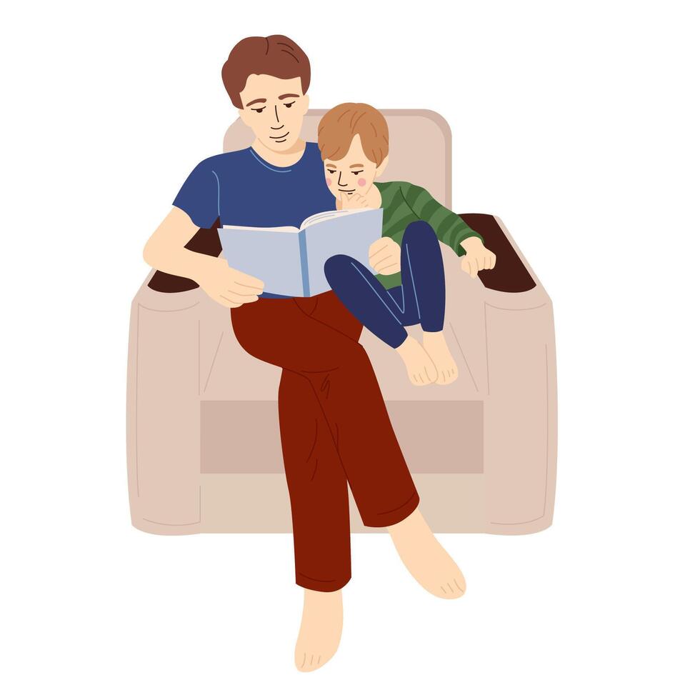 père en train de lire livre ensemble avec le sien fils. papa et fils dépenses temps ensemble. papa et enfant avec livre de contes. plat vecteur illustration de famille isolé sur blanc Contexte.