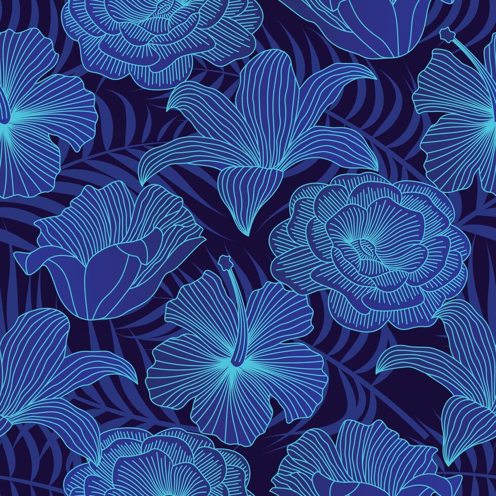 bleu contour floral sans couture modèle avec feuilles. tropical Contexte vecteur