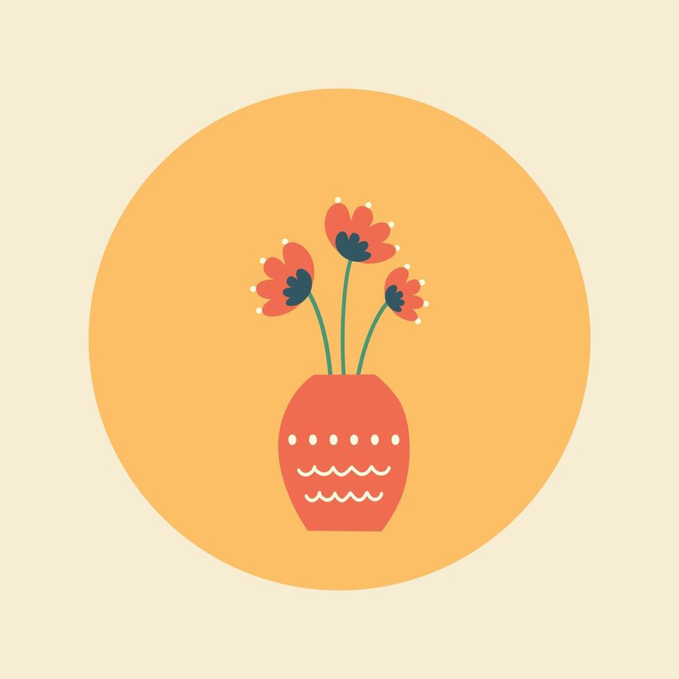 mignonne coquelicots dans une vase mis sur une rond arrière-plan, vecteur illustration, icône