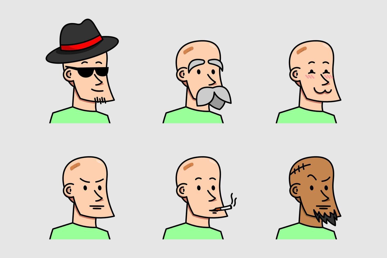 dessin animé chauve Masculin tête faciale expression ensemble avec divers vêtements vecteur